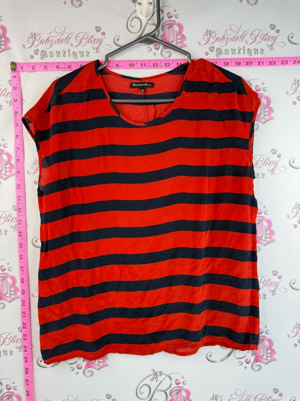 Broadway & Broome silk Striped Short Sleeve Tee with Red and Black Relaxed
